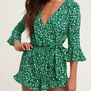Lulus Green and Black Print Flounce Sleeve Romper